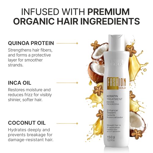 Fashion Gold Keratin Hair Treatment (Up to 3 USES per Bottle), Hair Botox Treatment, At Home Keratin Treatment, Keratina para Alisar el Pelo, Alisado Brasile?o, Alisados organicos SIN FORMOL, 150g