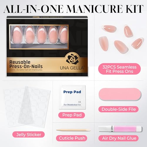 UNA GELLA Baby Boomer Short Square Press On Nails 32Pcs 16 Sizes with Glue & Tabs – Reusable High Gloss
