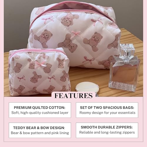 Cherry Ever After Quilted Teddy Bow Makeup Bag Set - 2 Piece Coquette Pouch