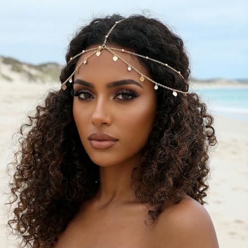 Gold Head Chain with Rhinestones & Sequin for Women Girls Egyptian Hair Accessories Festival Prom Wedding Bridal