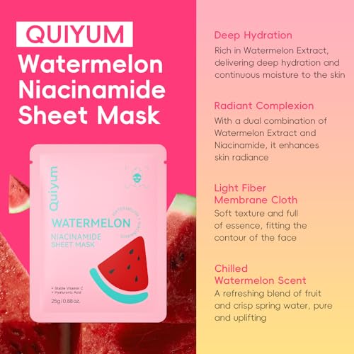 QUIYUM 14 Pack Watermelon Niacinamide Sheet Masks - Hydrating Facial Masks for All Skin Types