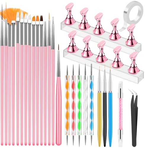 YOOVR Pink 28-in-1 Nail Art Tools Set with Stand - Professional Nail Brushes & Accessories