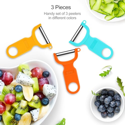 KITCHPOWER Vegetable Peeler Set - Ergonomic Carbon Steel Peelers, 3-Pack in Orange, Blue, Yellow