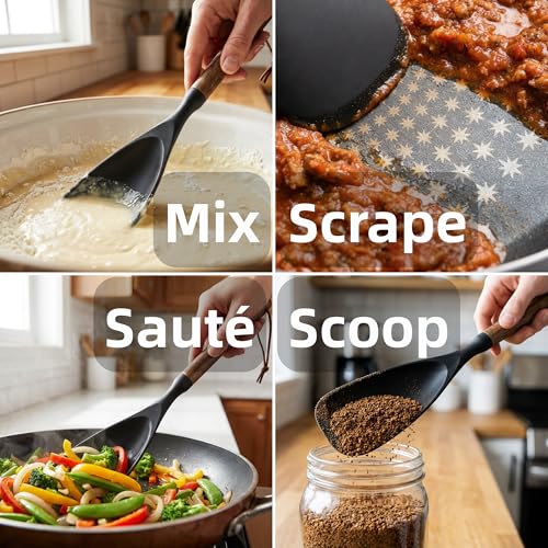 TOPAA 2-Pack Silicone Spoonula with Wooden Handle - BPA-Free, Heat Resistant Cooking Spoon for Nonstick Cookware