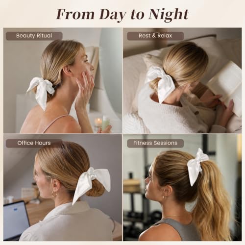 THXSILK White 25 Momme Pure Mulberry Silk Hair Scrunchies with Bow for Women & Girls