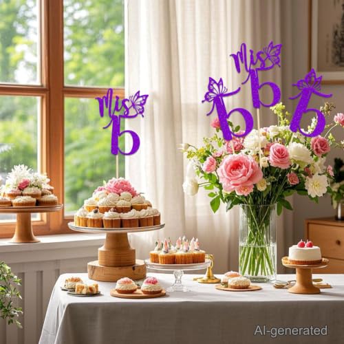Mis 15 Birthday Centerpiece Sticks - Purple Glitter Decorations (12 Pcs)