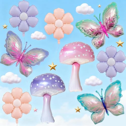 Butterfly, Mushroom & Daisy Balloons Set for Girls' Birthday Party