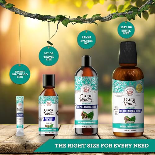 GuruNanda Farmed Mint Oil Pulling Mouthwash for Complete Oral Hygiene, 7 Essential Oils & Vitamins for Happy Teeth & Gums & Fresh Breath, Alcohol-Free, 16 oz