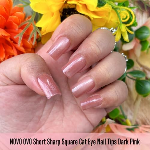 Short Sharp Square Cat Eye Nail Tips 150Pcs Dark Pink Gel-X Full Cover Fake Nails