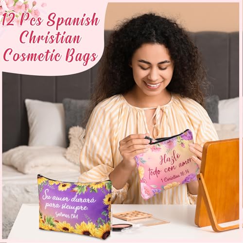 Kacctyen 12 Pcs Spanish Christian Cosmetic Bags - Bible Verse Makeup Pouches