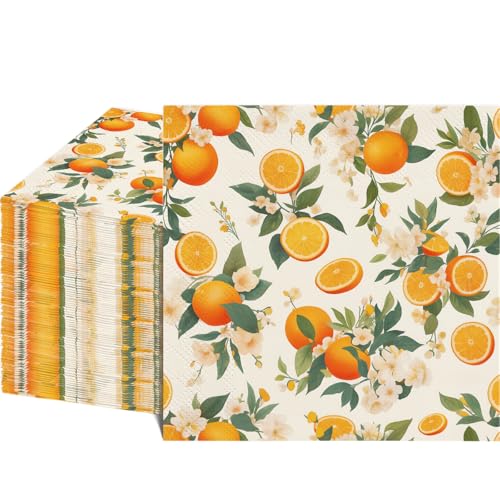 80 Pack Decorative Orange Citrus Napkins - 6.5x6.5 Inch Disposable Paper Napkins for Parties