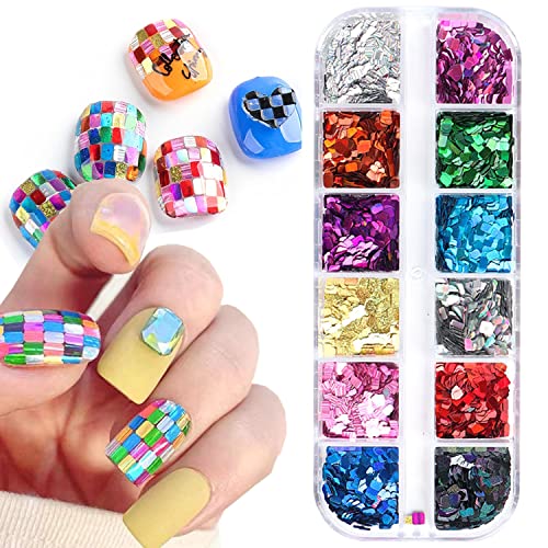 Square Glitter Nail Art Sequins 12 Colors Holographic Flakes for Manicure DIY