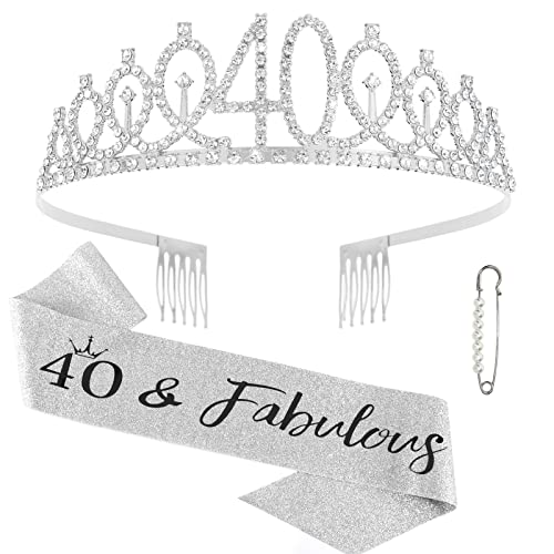 Silver 40th Birthday Sash & Crown Kit for Women - Elegant Rhinestone Decorations