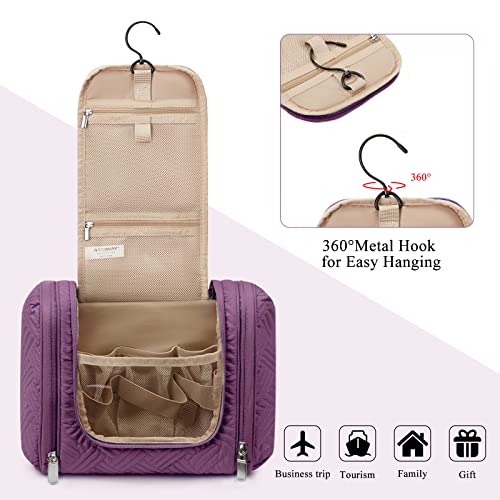BAGSMART Medium Hanging Toiletry Bag for Women, Purple Travel Organizer with Hook