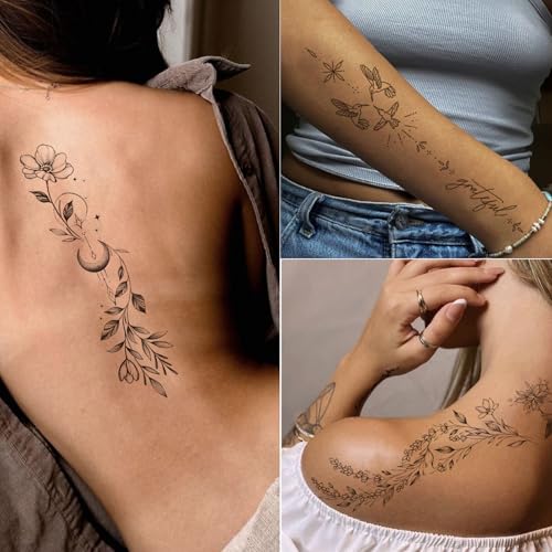 Tazimi 24 Sheets Black Flower Temporary Tattoos for Women & Girls