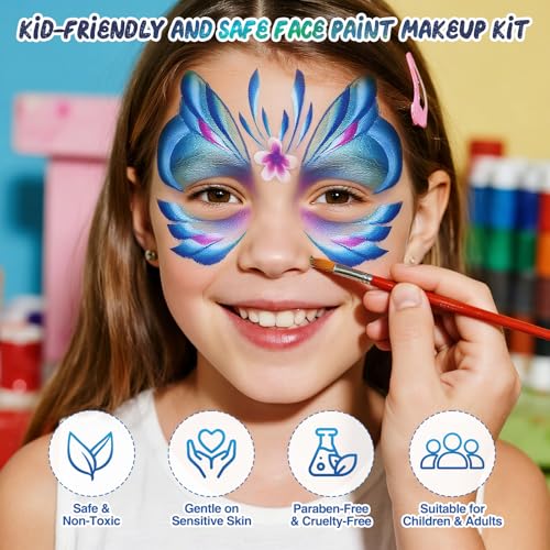 42-Color Face Painting Kit – Non-Toxic Water-Based Paint Set with Brushes & Stencils for Halloween, Cosplay & Festivals