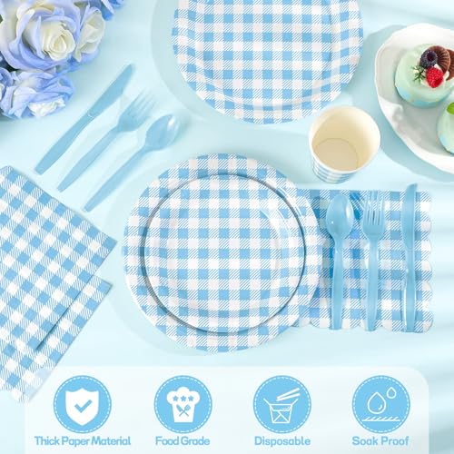 175 Pcs Blue Gingham Party Supplies Set for 25 Guests