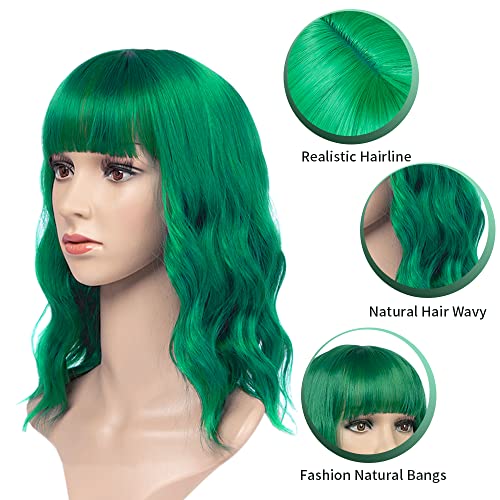 Green Wavy Bob Wig with Bangs and Sunglasses Set - Heat Resistant Synthetic
