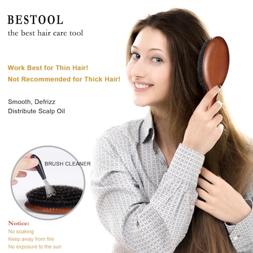 BESTOOL Boar Bristle Hair Brush - Natural Beech Wood Paddle for Smoothing