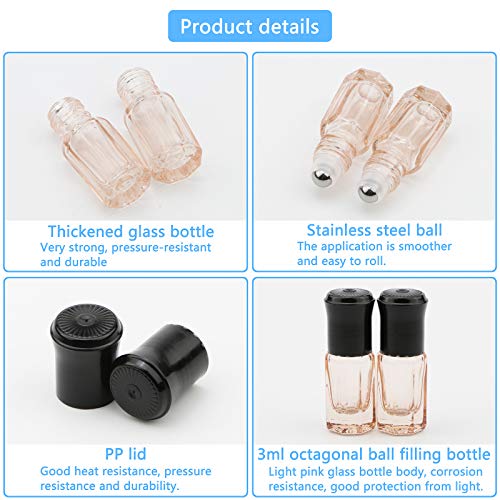 Newzoll 8Pcs 3ml Light Pink Glass Roll-On Essential Oil Bottles