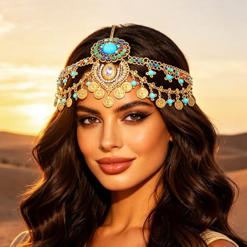 Urieo Gold Egyptian Headpiece with Turquoise Hair Jewelry