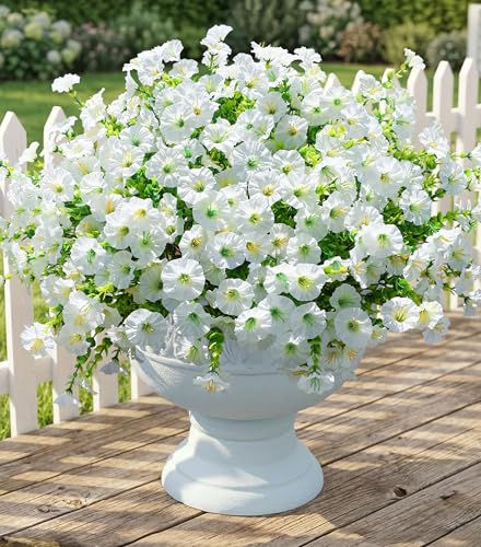 12 Bundles of White Silk Morning Glory Flowers with Eucalyptus - UV Resistant Faux Plants for Outdoor Decoration