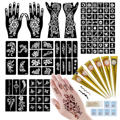 95 PCS Temporary Tattoos Stencils Kit with 6 Ink Colors, DIY Body Art Set - Funtigee