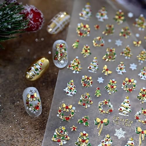 Christmas Snowflake Nail Stickers with Red Rhinestones - Self-Adhesive Xmas Nail Art Decals (Stickers10)