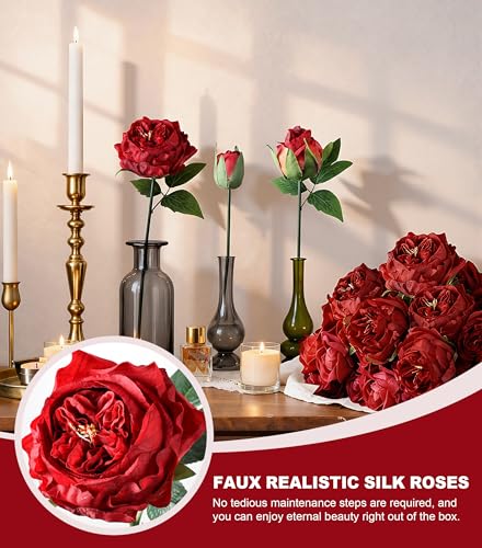 Bright Red Austin Rose Silk Flowers - 13 Branches for Wedding & Decor