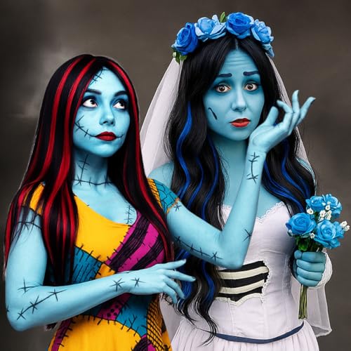 Sally Makeup Kit (Variation: Sally Makeup Kit) – Light Blue Face Paint, Red Lipstick, Black Eyeliner, Sponges for Sally/Corpse Bride Halloween Cosplay