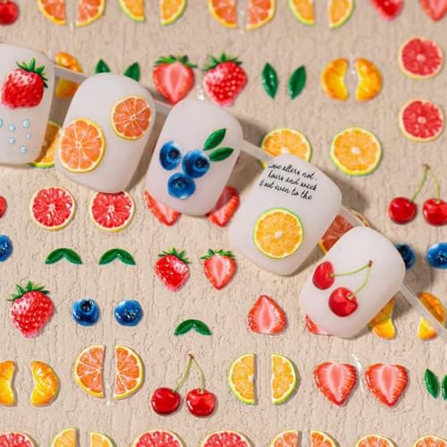 IDDFEVE 5D Embossed Fruit Nail Art Stickers - Cherry, Strawberry, Orange