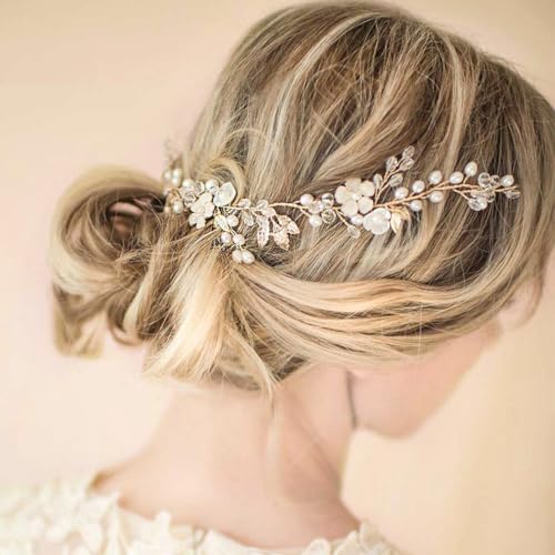 Gold Pearl Leaf Flower Bridal Hair Vine - Crystal Headband for Weddings