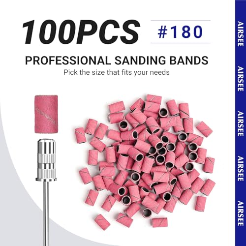 AIRSEE 100-Piece Nail Drill Sanding Bands Set - 180 Grit Pink