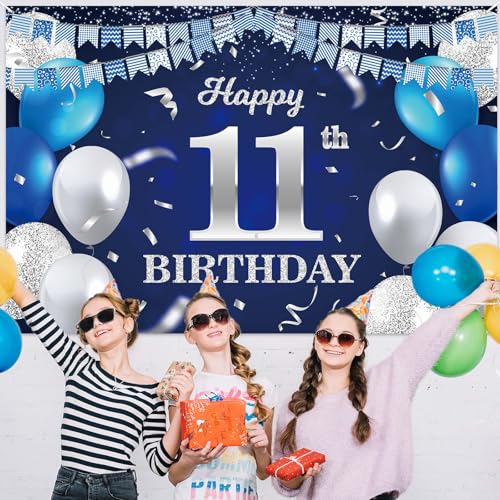 11th Birthday Banner Backdrop - Navy Blue Balloons & Confetti