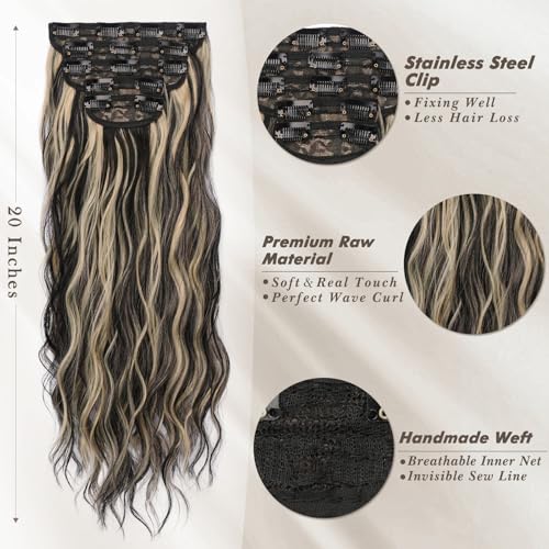 BARSDAR 20-Inch Wavy Clip-In Hair Extensions - Black & Blonde Highlights