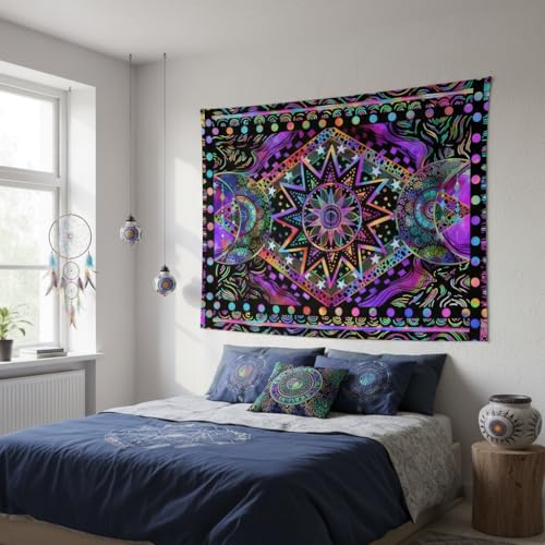 Glow in the Dark Sun and Moon Tapestry - UV Reactive Bohemian Wall Hanging 48'' x 36''