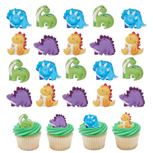 Dinosaur Cupcake Rings - 24 Pack Toppers for Birthday Parties