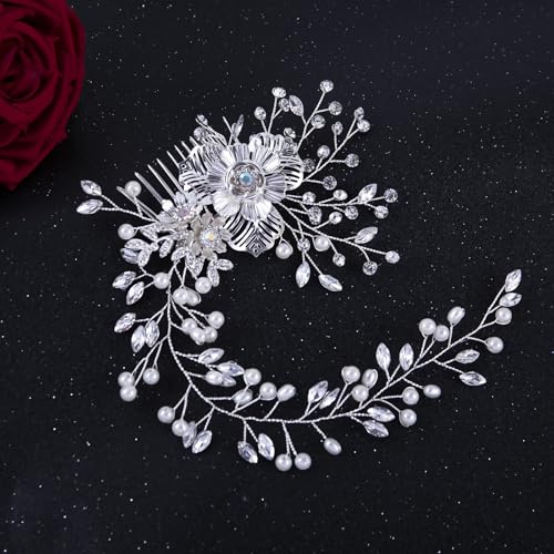 WEZTEZ Silver Bridal Hair Comb with Pearl Flower Vine - Wedding Hair Accessories for Bridesmaid (Variation 2)