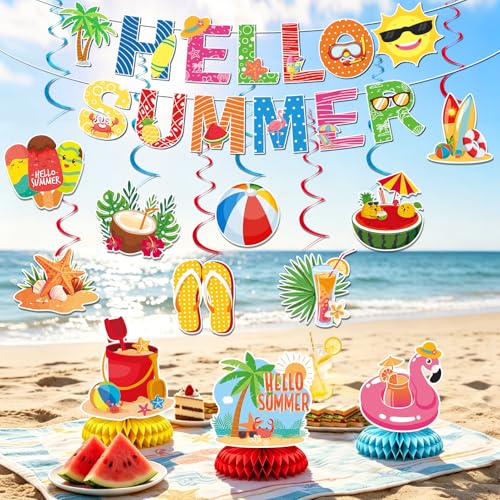 Hello Summer Party Decorations Set - Beach Theme Decor with Banners, Swirls & Fringe Curtains