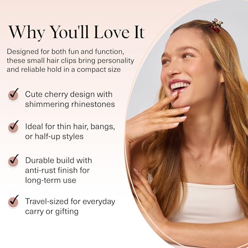 Kitsch Cherry Mini Hair Clips with Rhinestones - 2pcs