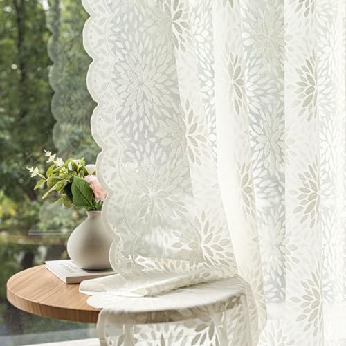 MIULEE Vintage Floral Lace Curtains - 2 Panels, Ivory 52" x 63"