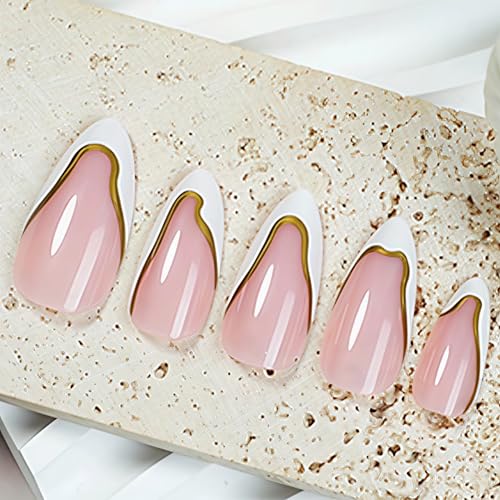 White French Tip Almond Press-On Nails with Gold Wave Designs - 24pcs