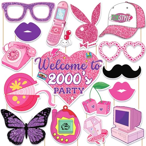 Y2K Party Decorations Photo Booth Props Kit - 16 Themed Props