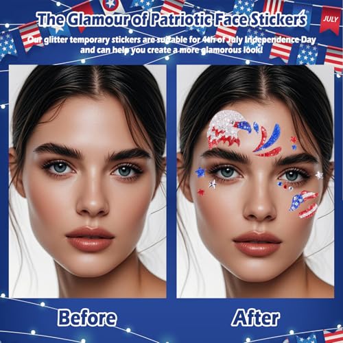 Yosca 6Pcs Independence Day Face Stickers - 4th of July Red White Blue Temporary Tattoos