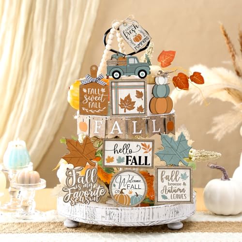 21 Pcs Fall Tiered Tray Decorations Set - Autumn Farmhouse Decor