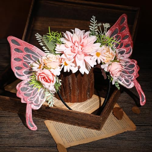 Pink Butterfly Fairy Headband with Wings - Floral Crown for Cosplay