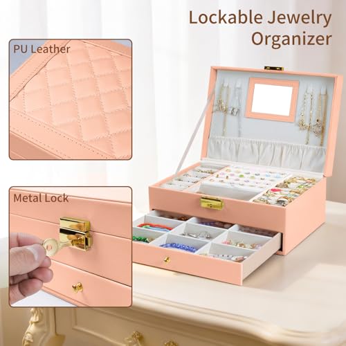 Coobest 2-Layer Velvet Jewelry Organizer Box for Travel - White & Pink