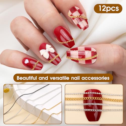 Metal Nail Art Chains Set - 12 Strips in Gold, Silver, Dark Gray