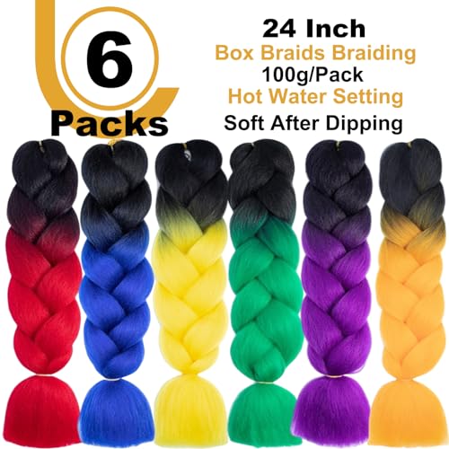 FYRLNA 6 Pack 24 Inch Jumbo Braiding Hair - Black to Red/Orange/Yellow/Green/Royal Blue