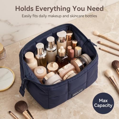 JekoLife Navy Blue Travel Makeup Bag - Wide Open Cosmetic Organizer for Women